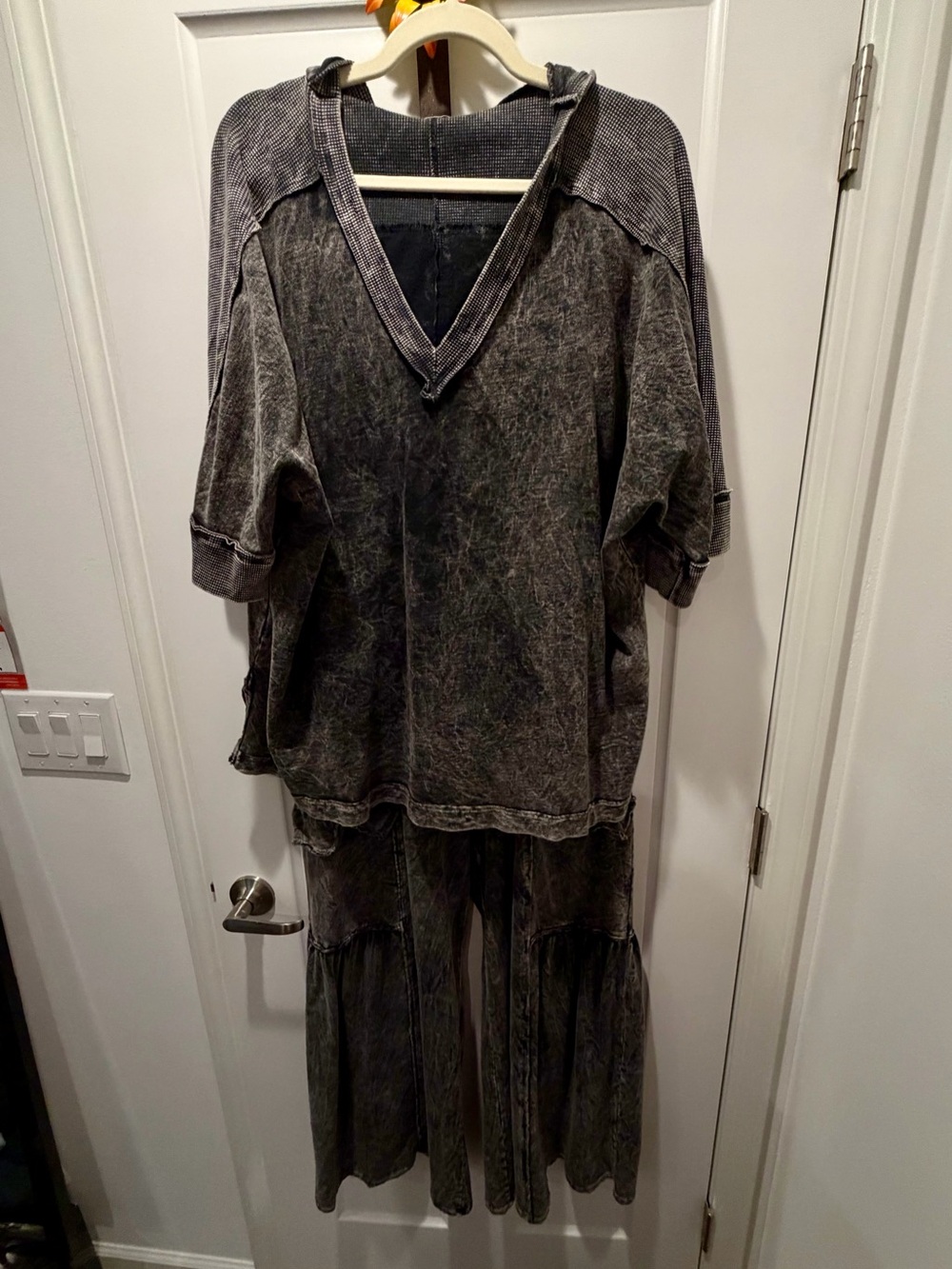 j. HER Black Washed V-Neck Hooded Top and wide leg pant SET